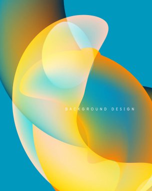 Abstract shapes overlap, creating vibrant color blends. Yellows, oranges, blues dominate composition. Modern design element.