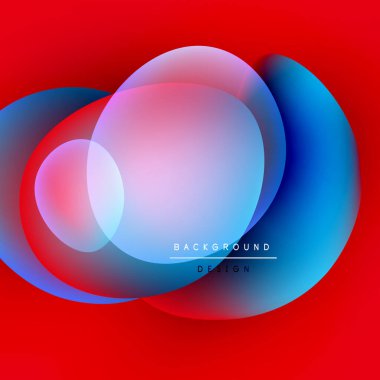 Abstract vibrant circles overlap, creating colorful gradients. Red background emphasizes blue, purple hues. Modern design element.