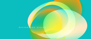 Abstract design features overlapping colorful circles. Turquoise background complements vibrant yellow, orange, green hues. Modern, fluid aesthetic.