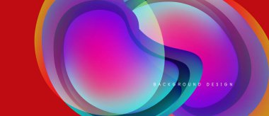 Abstract fluid shapes overlap, creating vibrant color gradients. Red background contrasts with luminous central forms. Design feels modern, dynamic.