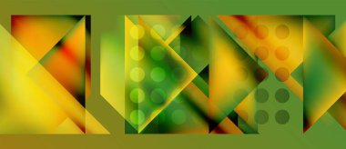 Abstract geometric composition. Triangles, circles blend vibrant yellow, green hues. Modern design, dynamic visual effect.