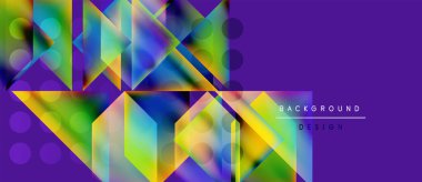 Soyut geometrik şekiller, canlı renkler, mor fon. Modern tasarım elementleri dinamik görsel doku oluşturur.