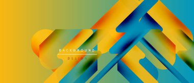 Abstract geometric shapes overlap, creating vibrant color gradients. Yellow, orange, teal hues dominate design. Modern background texture.