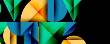 Abstract geometric shapes form colorful letterings against black background. Vivid gradients create dynamic visual impact.