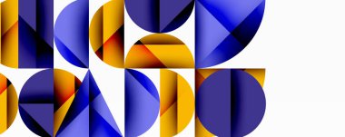 Abstract geometric composition. Bold shapes, vibrant colors, modern design. Blue, gold, purple dominate visual space. Clean lines, symmetry present.