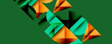 Abstract geometric shapes form text. Green, orange hues dominate composition. Modern design, clean lines present bold visual statement.