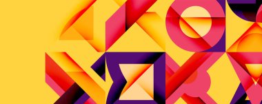 Abstract geometric shapes, vibrant colors, yellow dominates. Red, purple accents create dynamic composition. Modern design.