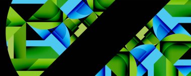 Abstract geometric design. Bright greens, blues create dynamic, layered composition. Modern, stylish visual element.