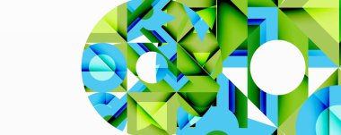 Abstract geometric composition. Blue, green shapes overlap, creating dynamic visual effect. White space provides contrast.