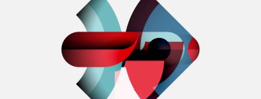 Soyut şekiller örtüşür, dinamik bileşim yaratır. Kırmızı, mavi renkler beyaz arkaplana hakim. Modern tasarım, sıvı formlar mevcut.