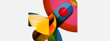 Abstract composition features vibrant overlapping shapes, circles, curves. Bold colors create dynamic visual experience. Modern design.