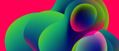 Abstract fluid shapes blend vibrant colors. Green, blue, yellow merge against bright pink background. Smooth gradients create dynamic composition.