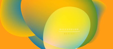 Abstract fluid shapes blend, creating vibrant yellow, orange, green gradients. Modern design evokes energy, warmth, positivity. Background text present.