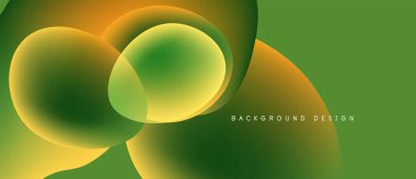 Abstract vibrant shapes overlap. Green, orange, yellow hues blend smoothly creating modern design. Simple background texture present.
