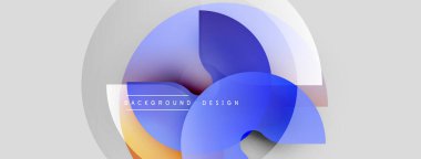 Soyut şekiller örtüşür, dinamik görsel etki yaratır. Mavi, turuncu renkler açık gri arkaplana hakim. Modern tasarım ögesi.