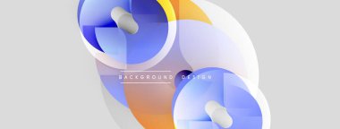 Abstract shapes overlap, creating dynamic composition. Soft gradients, blue, orange hues dominate design. Minimalist aesthetic, clean lines present.