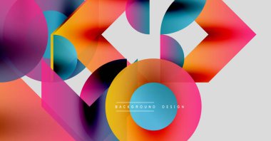 Soyut renkli şekiller çakışıyor. Canlı gradyanlar dinamik bileşim oluşturur. Modern tasarım elementleri akıcılık ve enerji öneriyor.