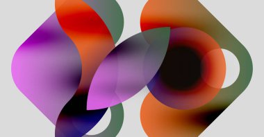 Soyut renkli şekiller örtüşüyor, canlı gradyanlar yaratıyor. Yumuşak kenarlar, harmanlanmış renkler, sıvı bileşimi. Modern tasarım.