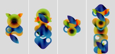 Dört panel soyut renkli şekiller gösteriyor. Üst üste binen daireler dinamik kompozisyonlar, değişen renkler yaratır. Modern tasarım, canlı görseller.