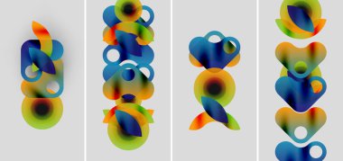 Soyut renkli şekiller örtüşür, dinamik kompozisyonlar oluşturur. Dört panel varyasyonları gösterir, gradyanlar düzgün bir şekilde harmanlanır. Modern tasarım elementleri görsel uyum sunar.