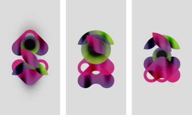 Soyut sanat eserleri. Üç panelde üst üste binen renkler, eğimler ve yumuşak kenarlar var. Minimalist tasarım, modern estetik.