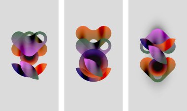 Soyut renkli şekiller çakışıyor, yumuşak gradyanlar yaratıyor. Üç panelde benzer renkler var, renkleri biraz farklı. Minimalist tasarım, modern estetik.