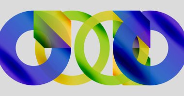 Renkli çakışan döngüler soyut tasarım oluşturur. Parlak renkler harmanlanır, dinamik görsel etki yaratır. Modern, minimalist estetik.