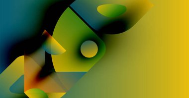 Soyut kompozisyon. Canlı gradyanlar harmanlanarak geometrik şekiller oluşturur. Sarı sağ tarafa hükmediyor, deniz mavisi sol tarafa. Dinamik, modern tasarım.