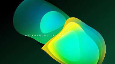 Soyut sıvı şekilleri örtüşür ve canlı renk değişimleri yaratır. Koyu arkaplan parlak turkuazın altını çiziyor, sarı, yeşil renkler. Modern tasarım ögesi.