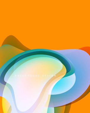 Soyut akışkan şekiller, canlı renkler. Turuncu zemin mavi, yeşil ve sarı katmanlarla çelişiyor. Modern tasarım ögesi.