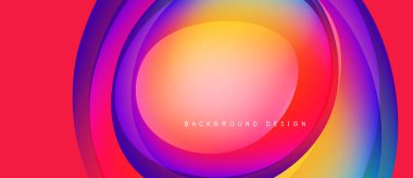 Soyut canlı katmanlar dinamik dairesel desen oluşturur. Kırmızı arkaplan renkli tasarım elementlerini tamamlar. Modern estetik.