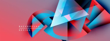 Soyut geometrik şekiller örtüşüyor, canlı kırmızı ve mavi renkler yaratıyor. Modern tasarım elementleri yenilik, teknoloji ve enerji öneriyor.