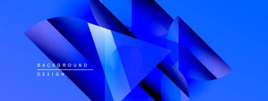 Soyut mavi tasarım katmanlı geometrik şekiller içerir. Renkler derinlik yaratır, modern estetik. Metin arkaplan tasarımı okur.