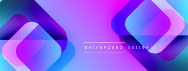 Soyut geometrik şekiller örtüşüyor, canlı mor ve mavi renkler yaratıyor. Modern tasarım metin arkaplan tasarımını merkezde konumlandırır.