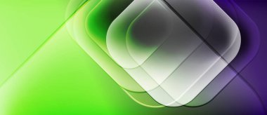 Katmanlı şekiller içeren soyut kompozisyon, canlı yeşil, mor renkler. Pürüzsüz gradyanlar dinamik görsel efekt yaratır. Modern tasarım.