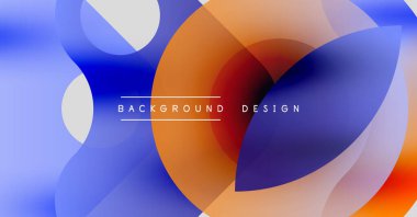 Soyut sıvı şekilleri örtüşür ve canlı renk değişimleri yaratır. Mavi, turuncu, kırmızı renkler tasarımda baskın. Modern estetik.