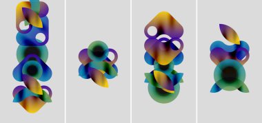 Soyut renkli şekiller çakışıyor ve akışkan bileşimler oluşturuyor. Gradyan renkler harmanlanır, dinamik görsel desenler oluşturur. Minimalist tasarım, modern estetik.