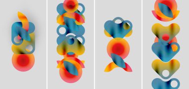 Soyut sanat eserleri. Dört panel üst üste binen renkli daireleri gösteriyor, dinamik kompozisyonlar oluşturuyor. Yumuşak eğimler, modern tasarım.