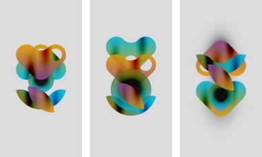Soyut renkli şekiller çakışıyor ve sıvı formlar yaratıyor. Üç panelde benzer renkler var, renkleri biraz farklı. Minimalist tasarım, yumuşak eğimler.
