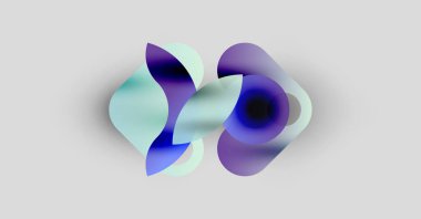 Soyut şekiller üst üste binerek sıvı formları oluşturur. Renkler harmanlanmış mor, mavi, tealon açık gri arkaplan. Yumuşak eğimler hareket, derinlik önerir.