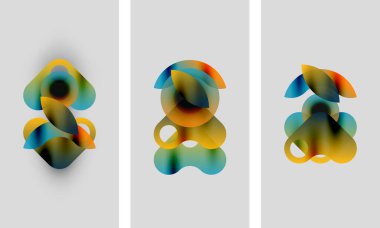 Soyut sanat eserleri. Üç panelde renkli ve bulanık şekiller var. Üst üste binen formlar dinamik görsel efekt yaratır. Yumuşak eğimler modern estetik sunar.