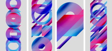 Soyut sanat eserleri katmanlı daireler, dikdörtgenler. Canlı maviler, pembeler modern estetik yaratır. Paneller dinamik görsel deneyim sunar.