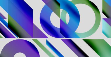 Canlı daireler, çizgiler, gradyanlar içeren soyut bir kompozisyon. Mavi, yeşil, mor renkler beyaz arkaplana hakim. Modern dijital sanat.