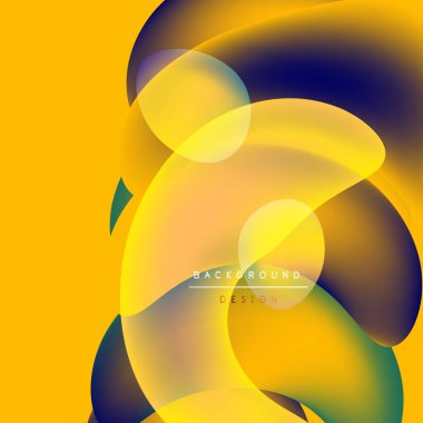 Soyut sıvı şekilleri örtüşür ve canlı renk değişimleri yaratır. Sarı arka planda baskın, mavi, yeşil aksanlı. Modern tasarım ögesi.