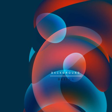 Soyut sıvı şekilleri örtüşür ve canlı renk değişimleri yaratır. Mavi, kırmızı renkler modern estetik sunarak tasarıma hükmediyor.