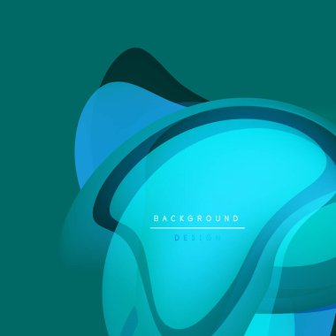 Soyut sıvı şekiller, canlı deniz mavisi renkleri, modern tasarım. Arkaplan özellikleri katmanlanmış şeffaf biçimler, derinlik oluşturur.