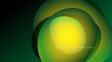 Soyut tasarım katmanlı daireler, canlı yeşil, sarı renkler. Karanlık arka plan derinlik yaratır, modern estetik. Basit metin arkaplan tasarımı okur.