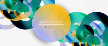Soyut daireler örtüşüyor, dinamik renkli kompozisyon oluşturuyor. Modern tasarım öğeleri akıcılığı ve yeniliği önerir. Arkaplan değişkenleri, metin.