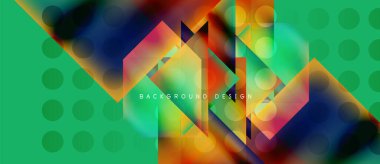 Soyut renkli geometrik tasarım. Canlı üçgenler, daireler modern arkaplan yaratır. Metin arkaplan tasarımı okur.