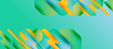 Soyut şekiller örtüşüyor, canlı renk değişimleri yaratıyor. Turkuaz arka plan sarı, yeşil ve mavi elementleri tamamlıyor. Modern tasarım.